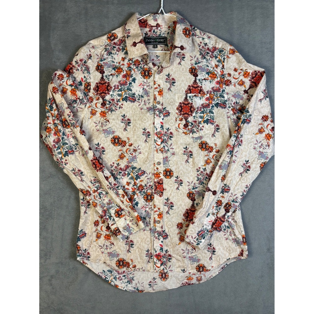 Paisley & Gray Mens Slim Fit Floral Medallion Button Down Shirt Cream Red Boho M